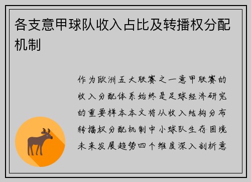 各支意甲球队收入占比及转播权分配机制