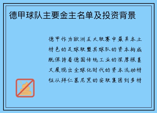德甲球队主要金主名单及投资背景