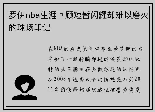罗伊nba生涯回顾短暂闪耀却难以磨灭的球场印记